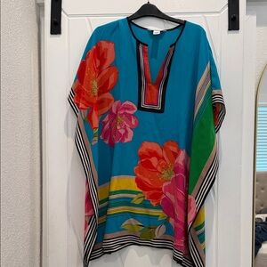 Trina Turk Teal Floral Kaftan Tunic with Pink & Red Blooms